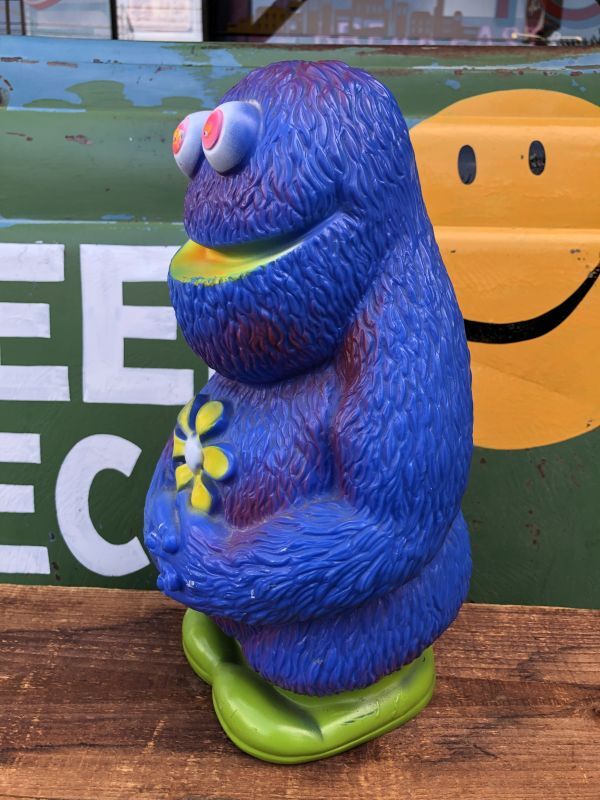 70s Vintage Play Pal Blue Hippie Monster Coin Bank Yellow (C069
