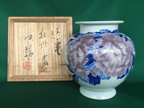 真葛香山 牡丹花瓶 初代 真葛香山 釉下彩牡丹図花瓶 | 明治工芸・明治