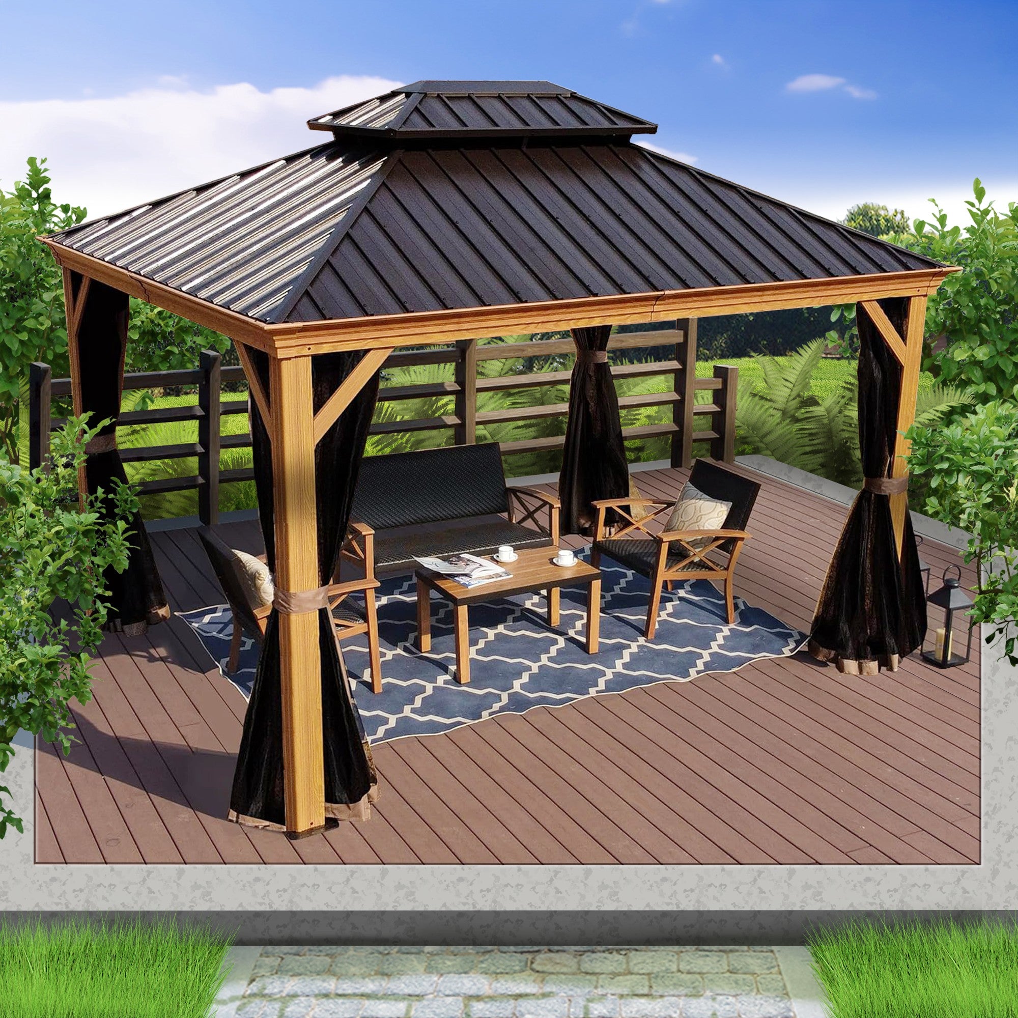 Kozyard Apollo 10'x12' Hardtop Gazebo, Wooden Coated Aluminum