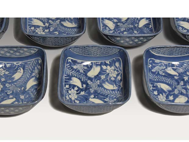 古伊万里染付鷺文四方向付 7客 江戸時代後期頃 | 古美術ささき