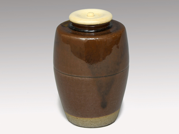 膳所焼 肩衝茶入 淡海ぜぜ 陽炎園造 共箱 象牙蓋 仕覆（獅子狩文様錦