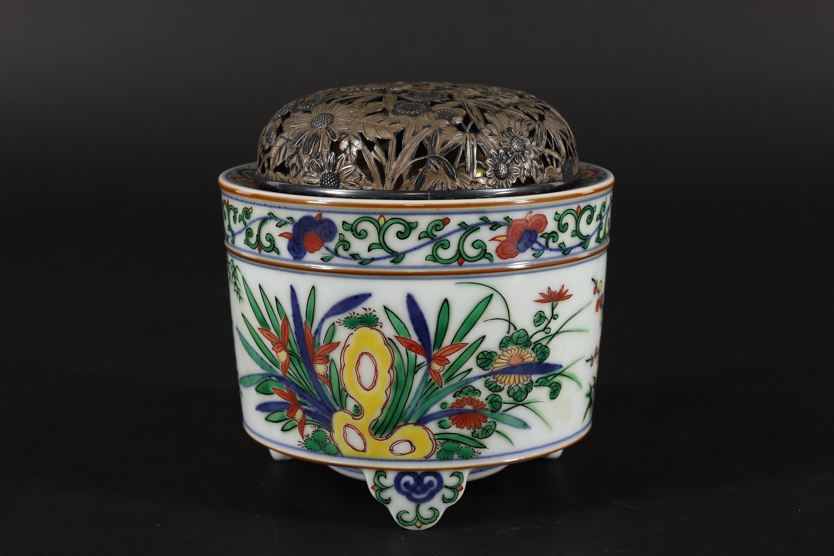 四代三浦竹泉 赤絵 香炉 純銀火屋 松興堂 金彩 四君子 アンティーク 四