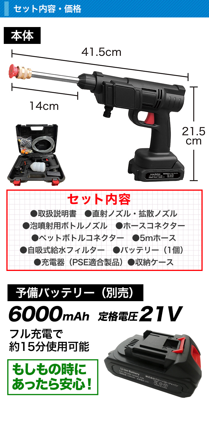 小さくてもパワフル！】コードレス高圧洗浄機 本体/予備バッテリー