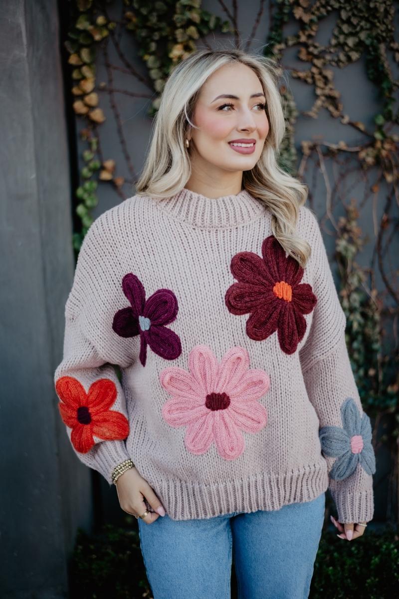 Tan Floral Wholesale Sweater | Wholesale Women's Apparel | Katydid