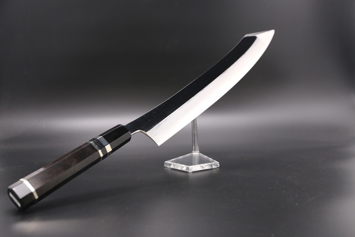 特注 切付柳刃 V金10号 390mm 全鋼本焼 平鏡面 巾広52mm 鬼反り 黒檀柄