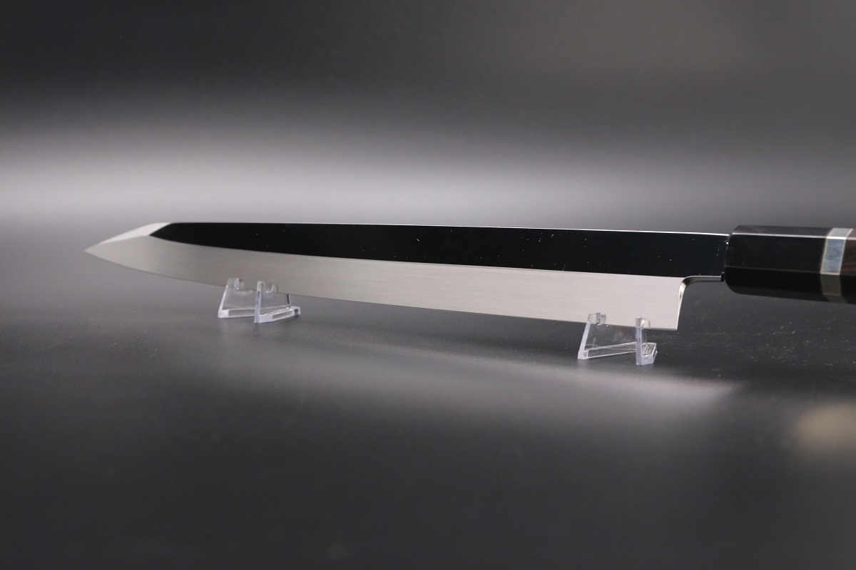 切付柳刃 銀三本焼 300mm 平鏡面 黒檀柄 鞘付き【左利き用】-歌舞伎ナイフ