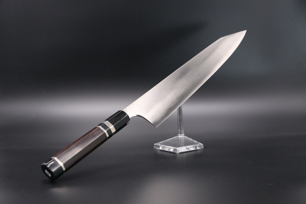 勘所型 切付和牛刀 V金10号 330mm 全鋼本焼 木砥仕上 八角黒檀柄-歌舞