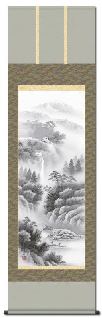 水墨山水」幽山蒼流 伊藤渓山 （尺五） 日本製 山水画 - 掛け軸（掛軸