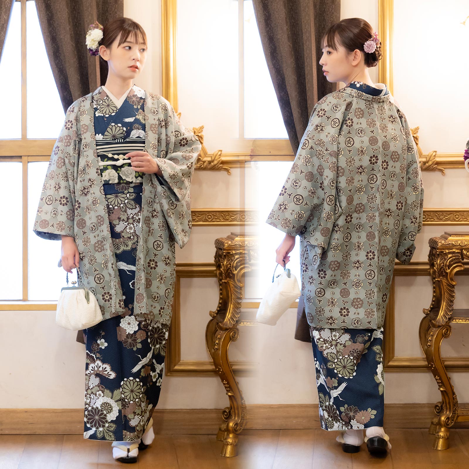 06鶴と花紋に紗綾形 紺色：KIMONOMACHI オリジナル 羽織付きセット