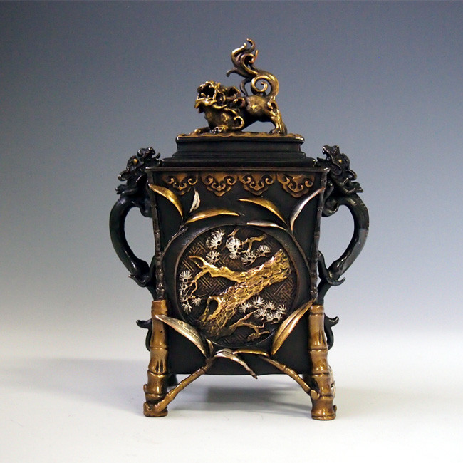 dk8,角型松竹梅香炉 二上元威作 【 高岡銅器 】