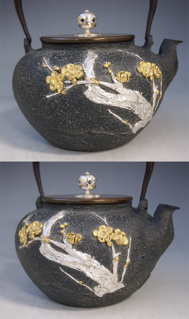 tb180 光玉堂写 梅鉄瓶 本体に金銀貼り 銀摘み 座：銀 鉄壺 約1.2L