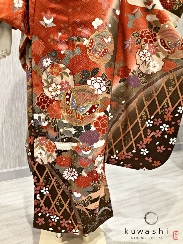 正絹振袖レンタル】 80022 テラコッタオレンジ芍薬蝶正絹振袖袋帯