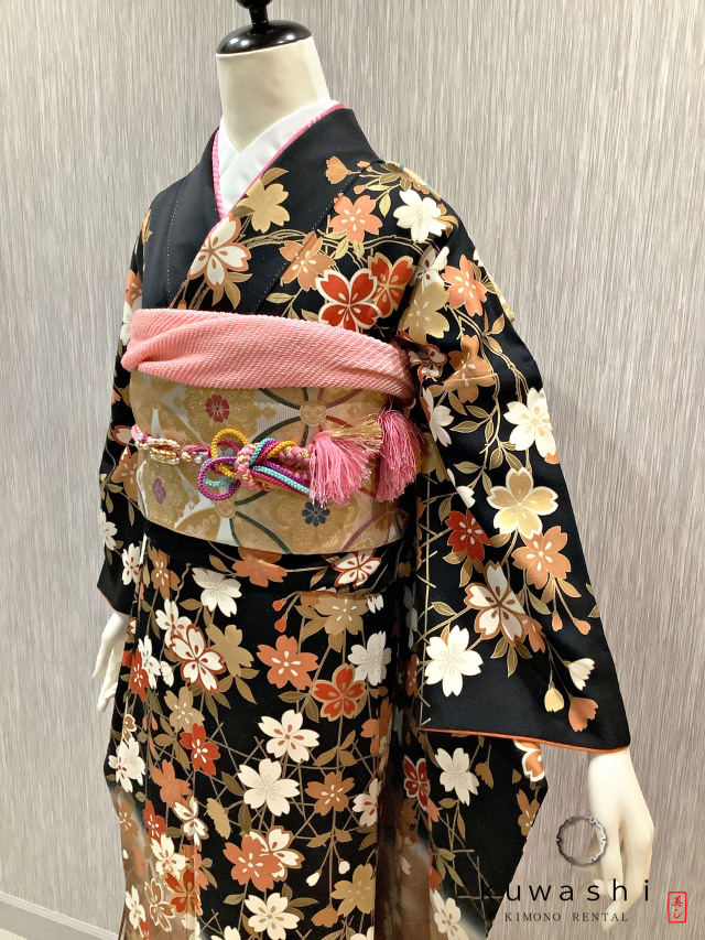 正絹振袖レンタル】 80035 ブラック/ブロンズ桜柄正絹振袖袋帯