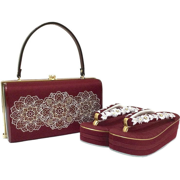 草履バッグセット フリーサイズ 赤 エンジ レース 刺繍 菊 振袖