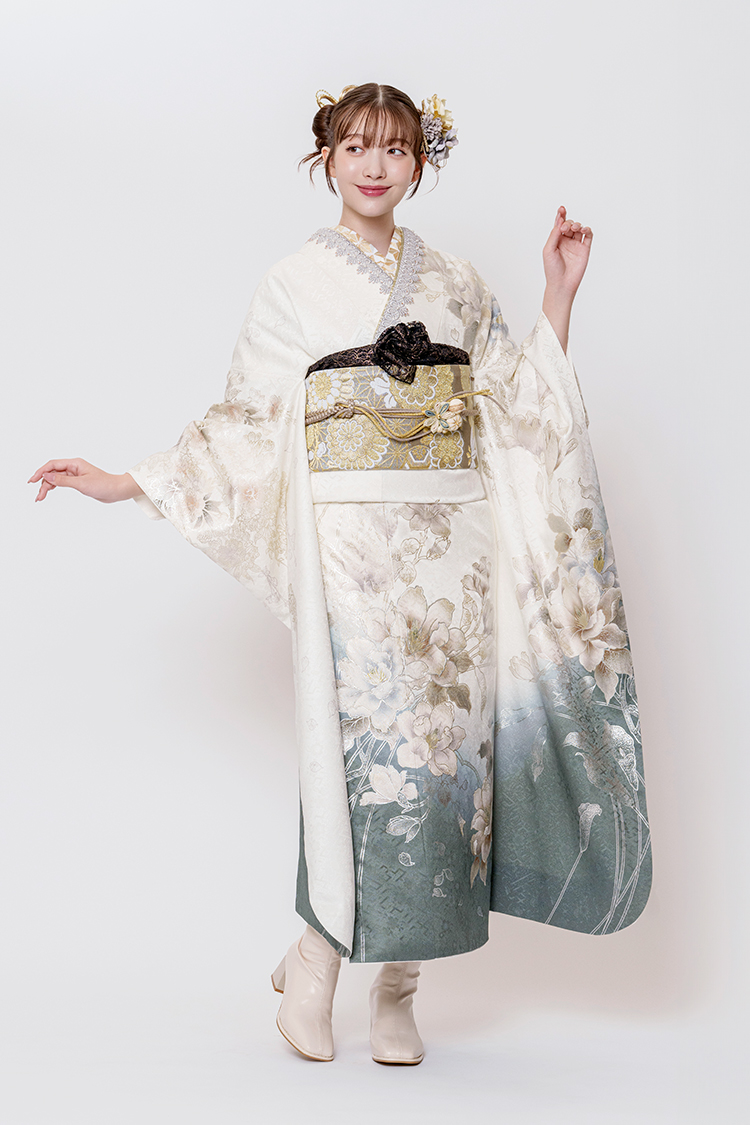 No.1197 【新品振袖/京友禅】【白】白xグレーでシンプルな振袖に