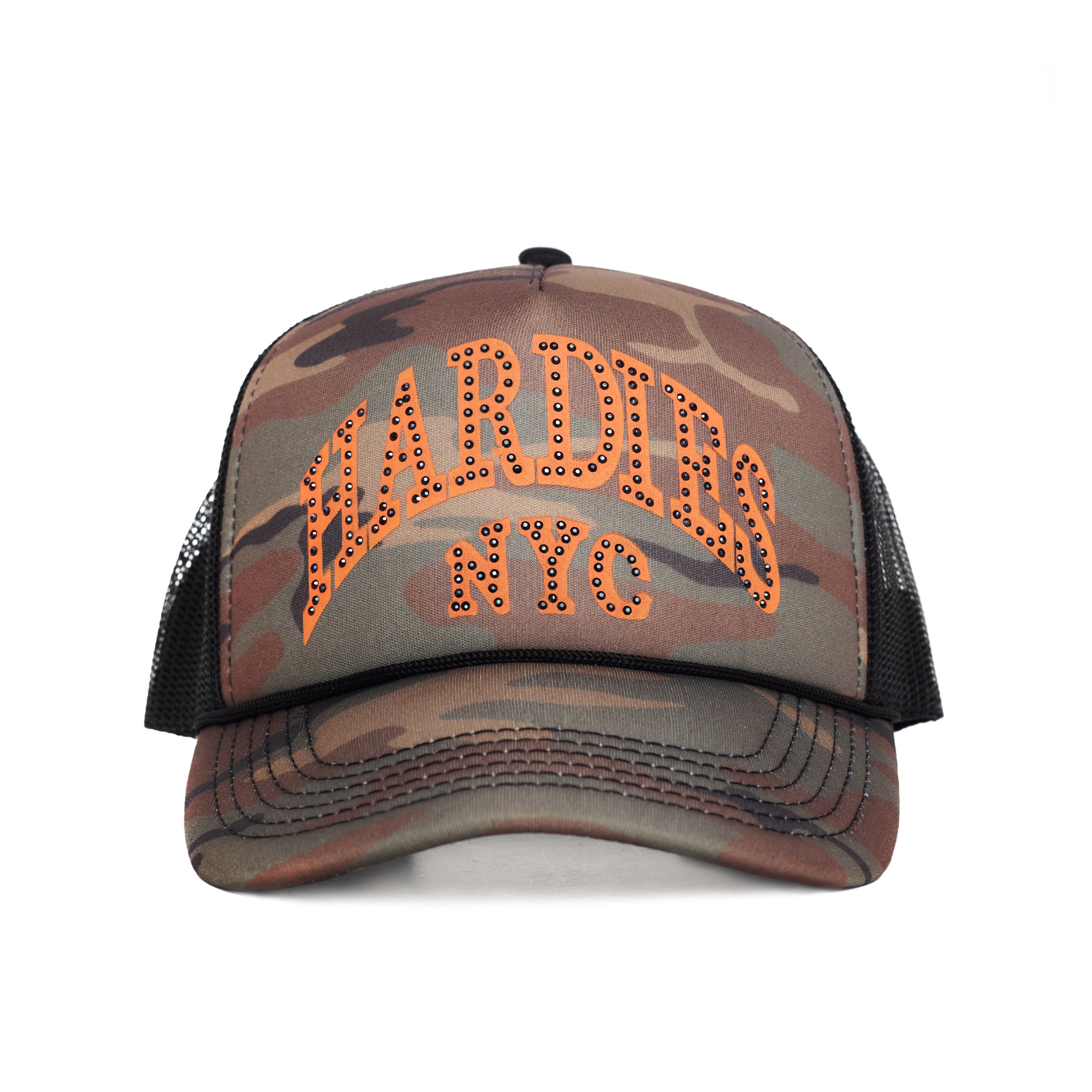 HARDIES NYC Rhinestone Pre Curve Trucker Hat - Classic Camo – Hardies