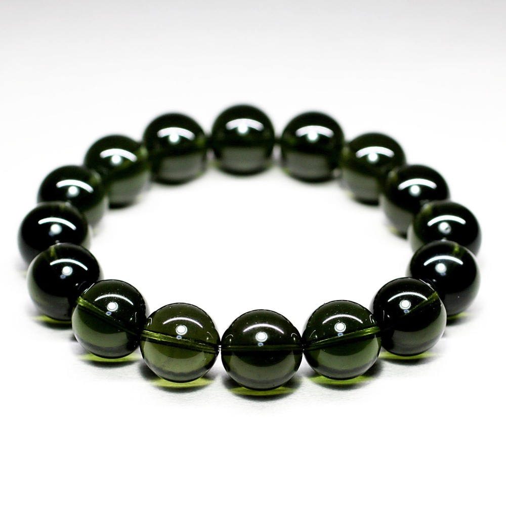 高品質++]天然モルダバイトブレスレット（希少な約14mm玉・鑑別書付