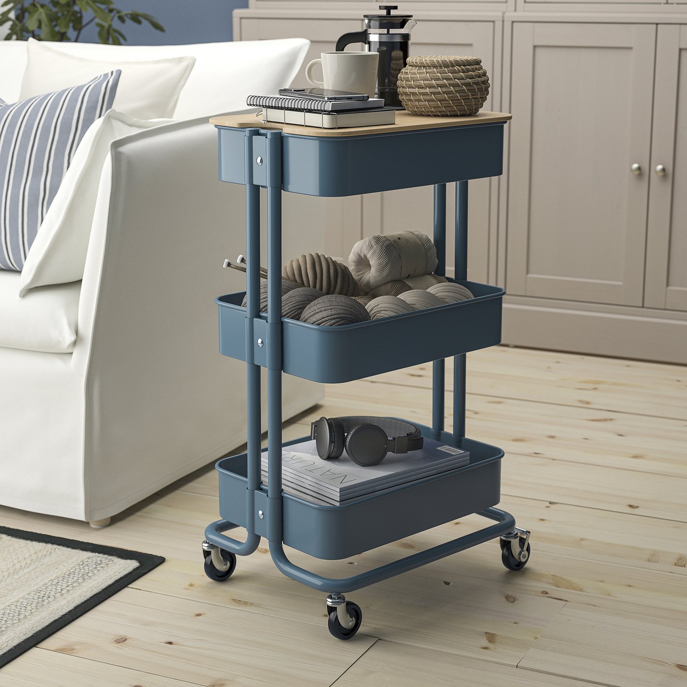 RÅSKOG / NORRÅVA trolley with lid, gray-blue, 133/4x173/4x303/8