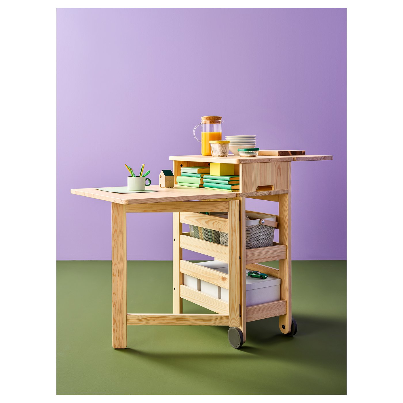 RESARÖ mobile drop-leaf table w storage, pine - IKEA