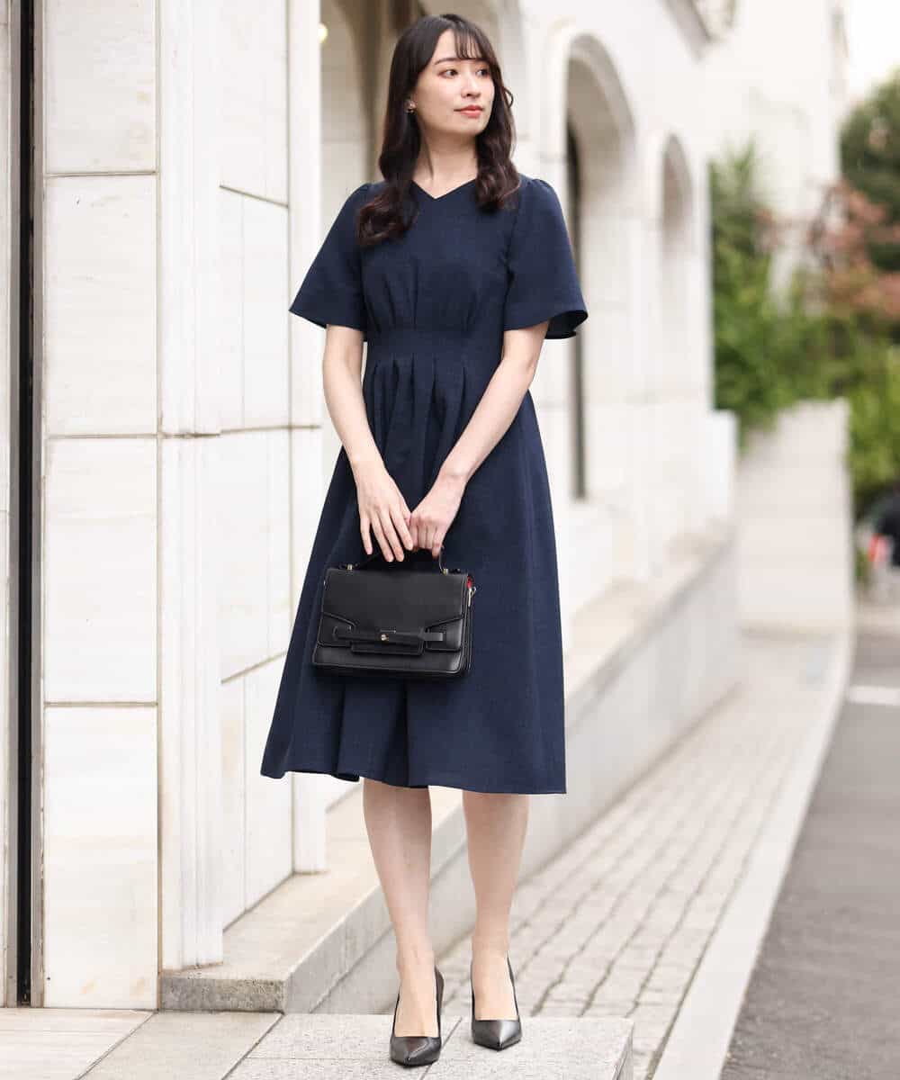 リネンライク ウエストタックワンピース/洗える(ワンピース) | OFUON