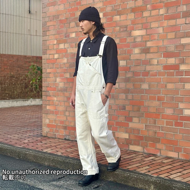 10.5ozホワイトヘリンボン ダブルニーオーバーオール／ホワイト – IRON