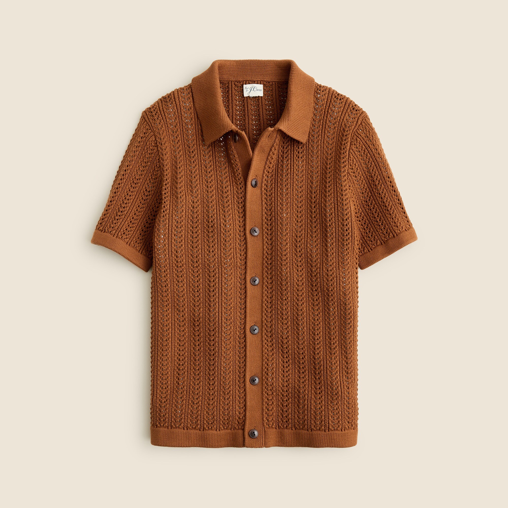 Short-sleeve Cotton Pointelle-stitch Cardigan Sweater-polo For Men