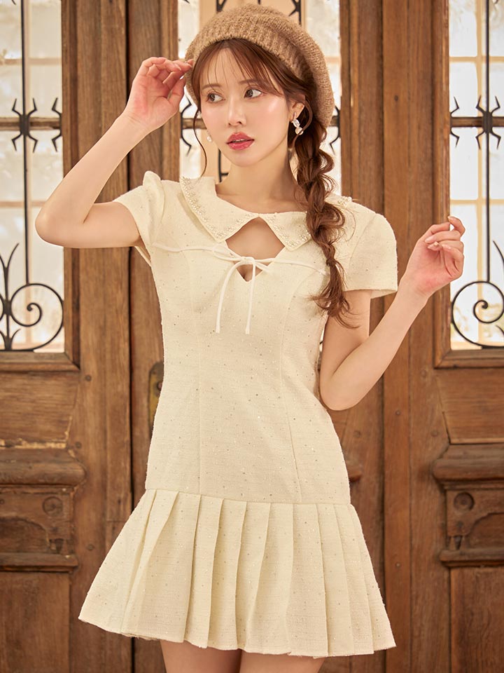 パール襟スパンコールツイードミニドレス/キャバドレス【XS-XLサイズ