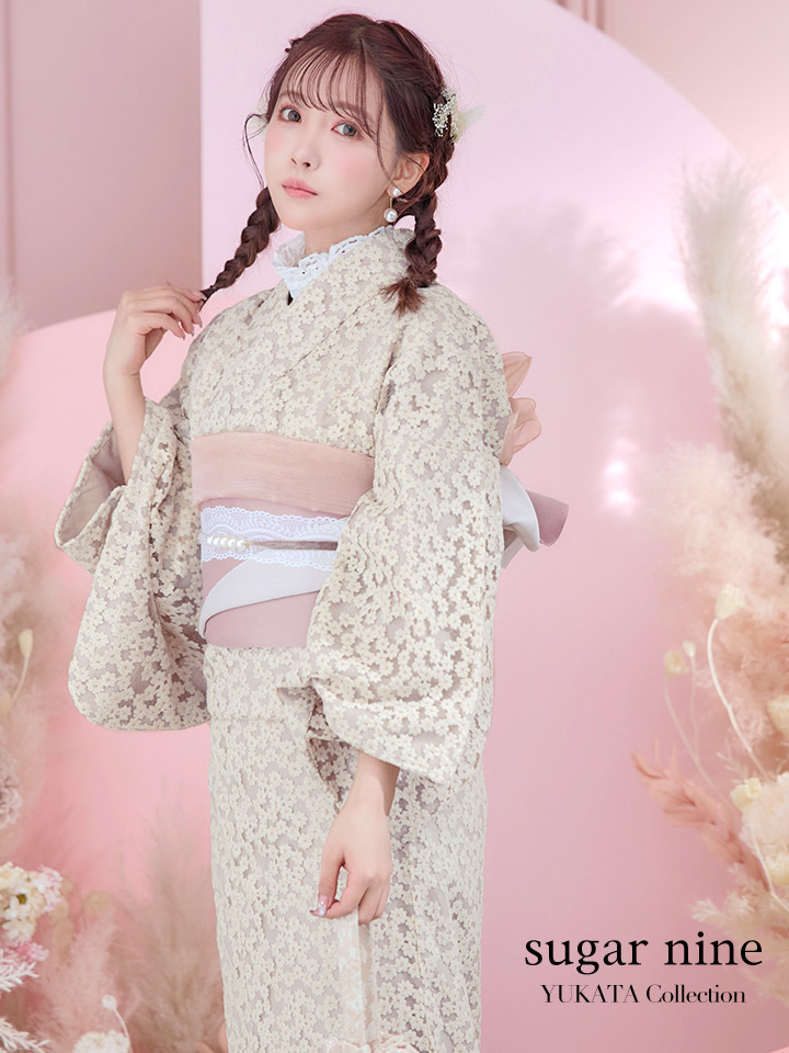 即日発送】くすみピンク地x小花レース浴衣 【浴衣3点セット 浴衣/帯