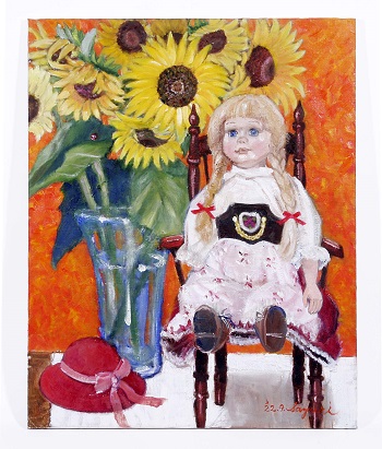 Doll＆flowers向日葵、絵画、油絵、美術品 - JAPAN EXPRESS