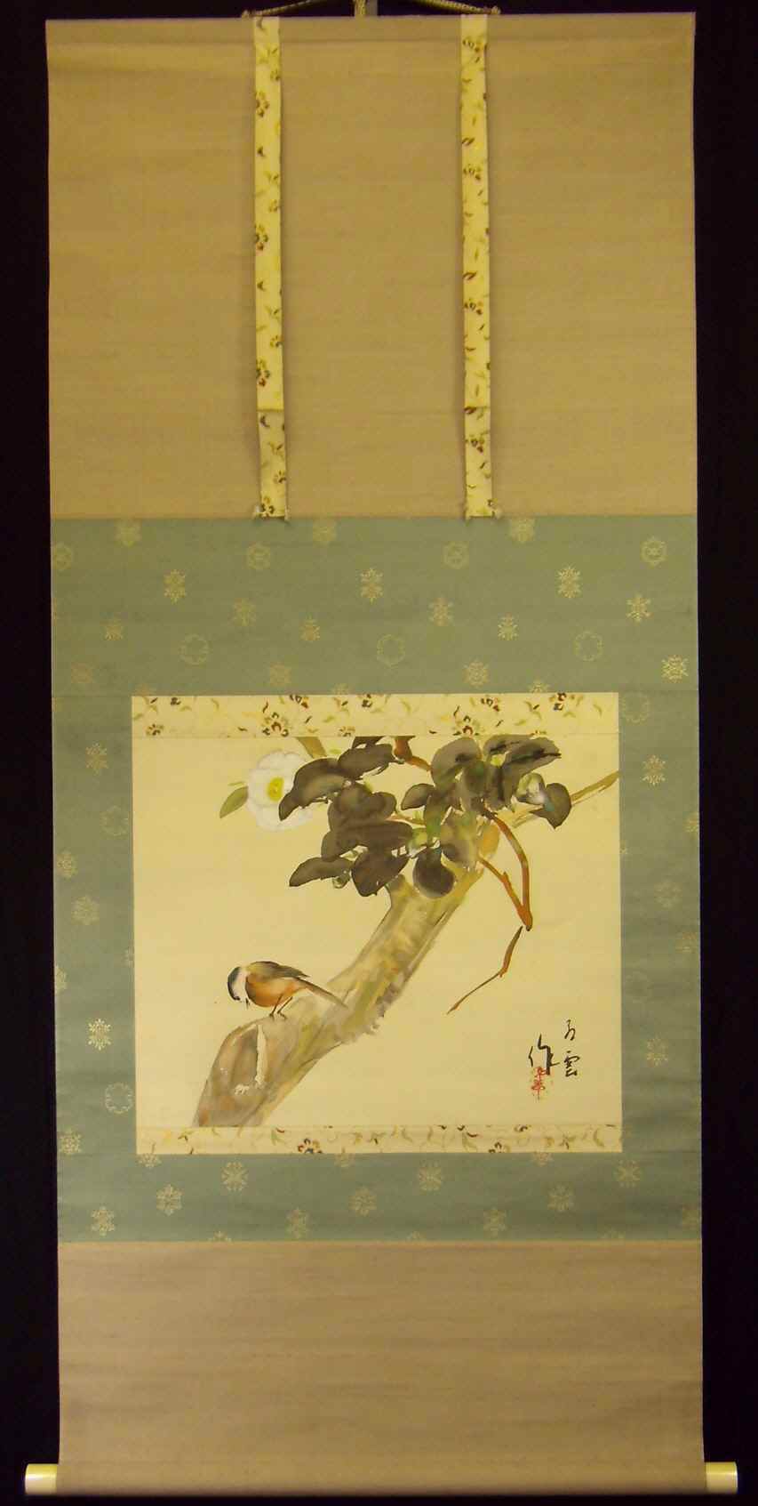 真作】掛軸 軍鶏図 細密彩色花鳥画 秋の風趣 写実花鳥画 合箱入 T108