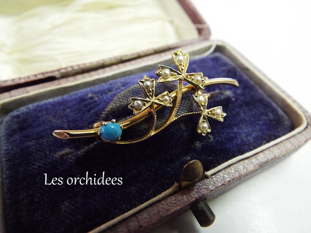 英国アンティーク 9金 3つのシャムロック ブローチ オルキデ 恵比寿