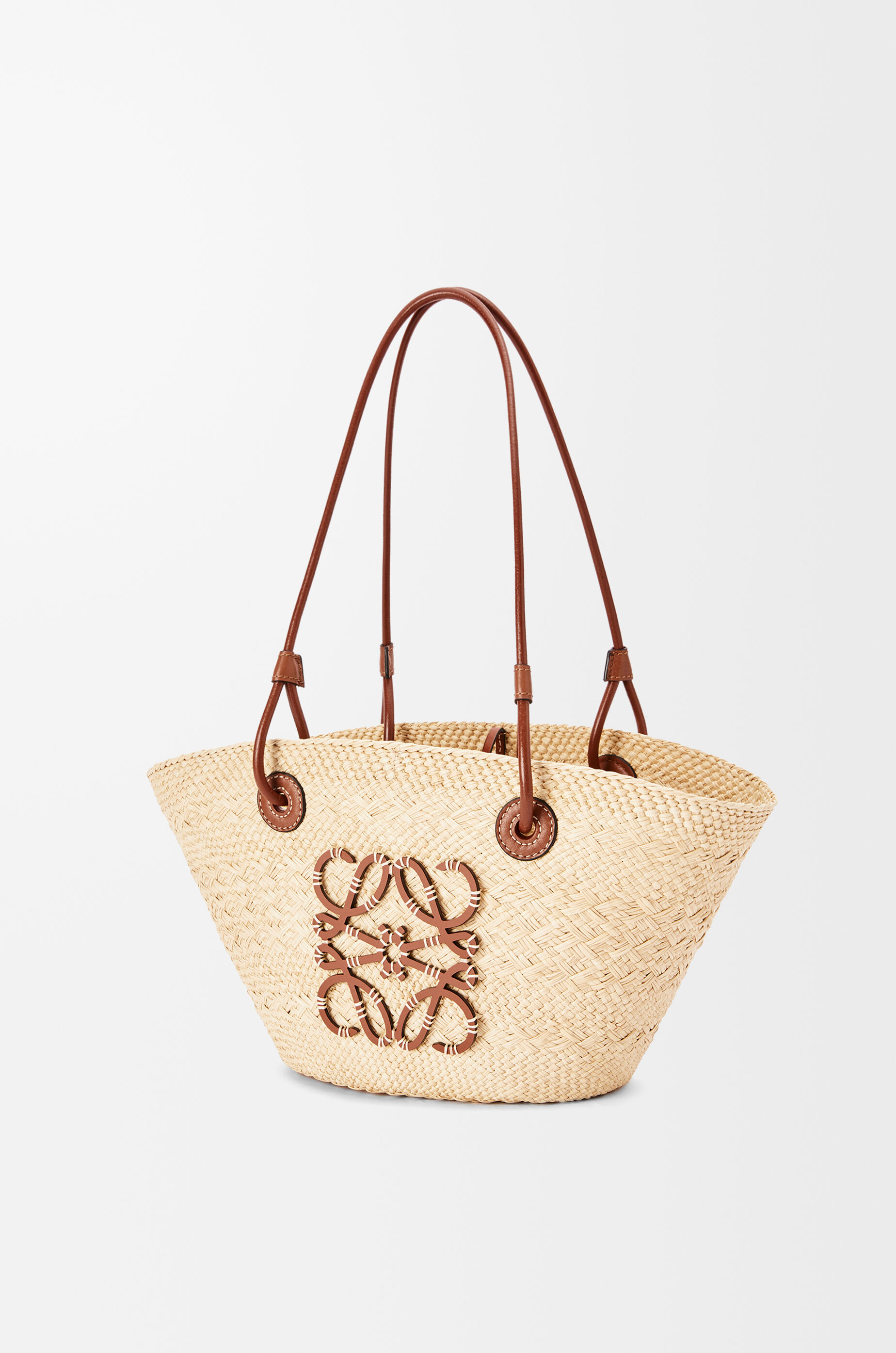 Small Anagram Basket bag in iraca palm and calfskin Beige - LOEWE