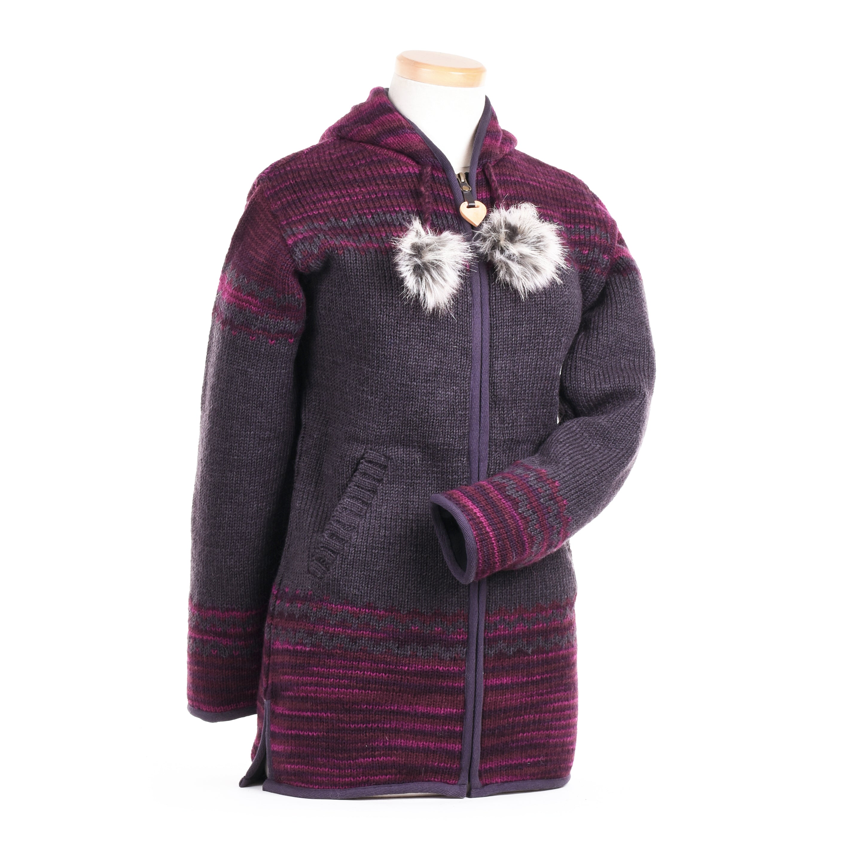 Yoko Sweater/Coat - Unique Space Dyed Yarn, Faux Fur Pompoms 100