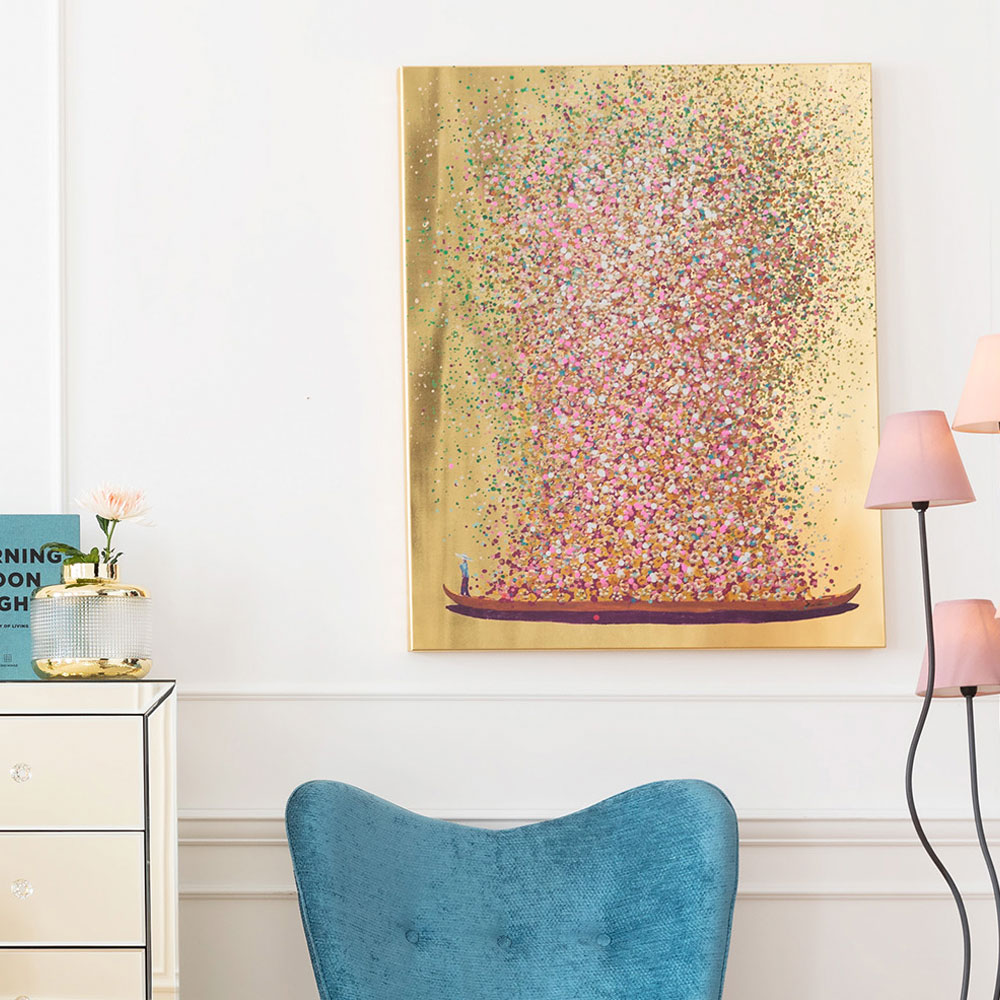 フラワーボート ゴールドピンク 100x80cm タッチドピクチャー - アート