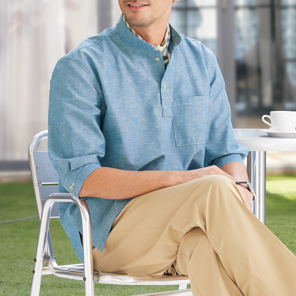 近江屋 久留米織スタンドカラー七分袖プルオーバーシャツ | ライト