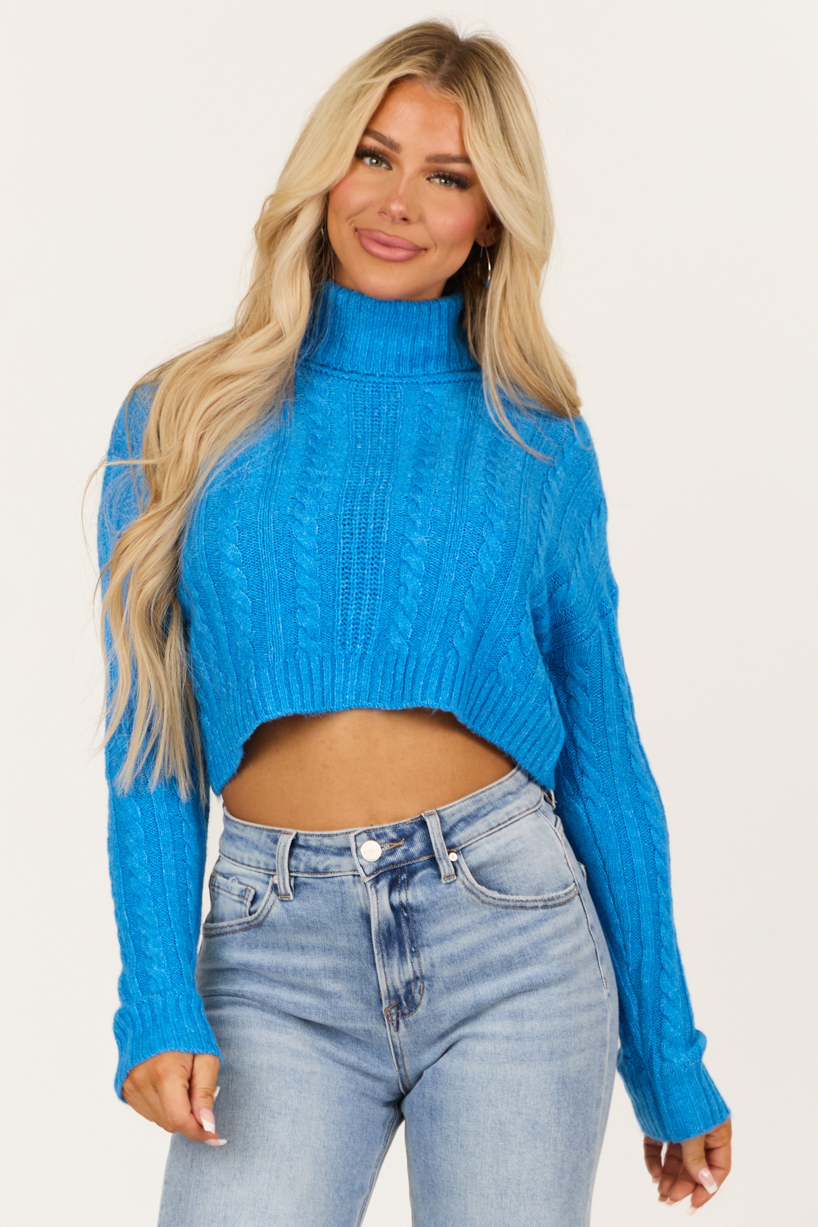 Azure Cropped Cable Knit Turtleneck Sweater | Lime Lush Boutique