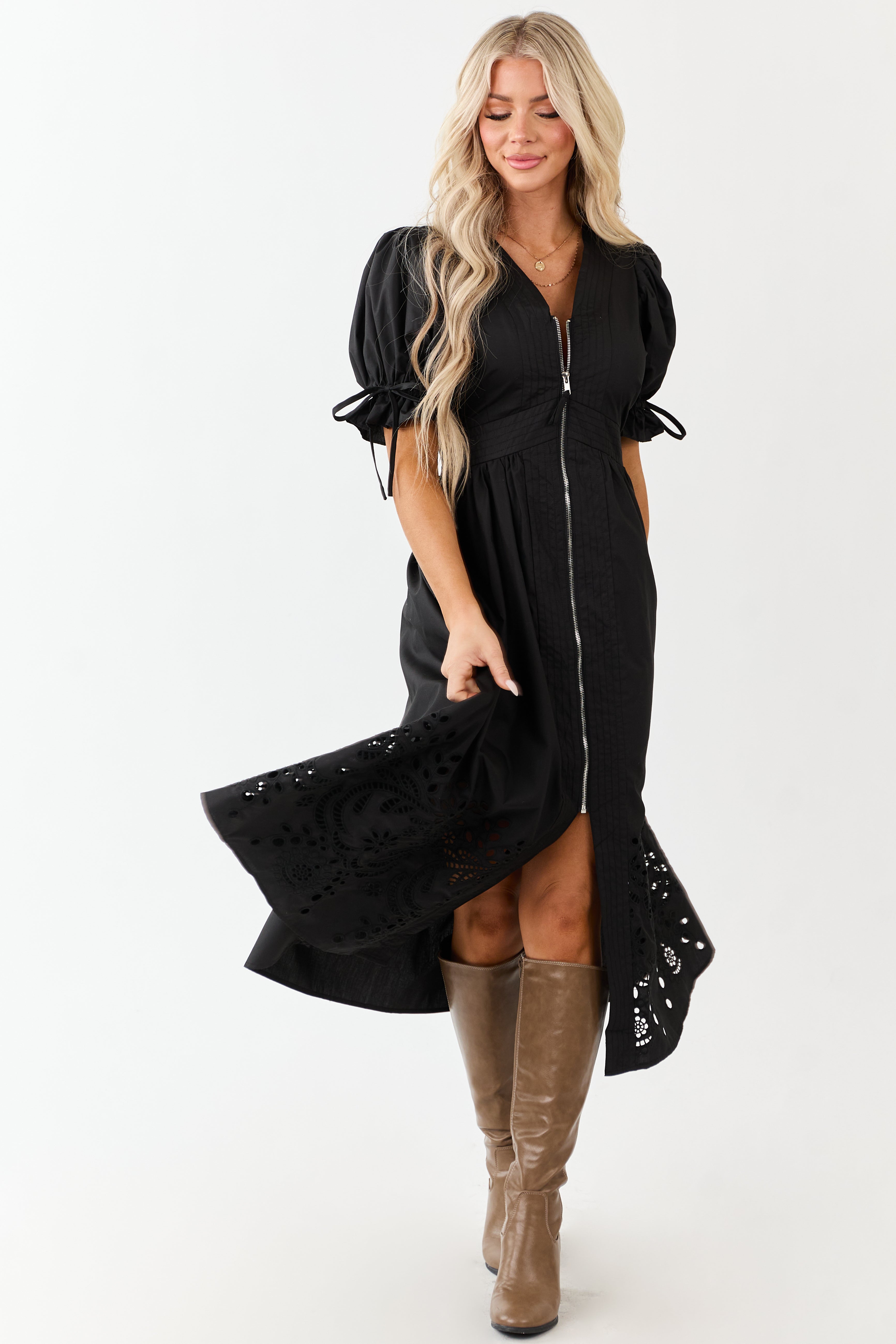 Entro Black Zip Up Short Puff Sleeve Midi Dress | Lime Lush Boutique