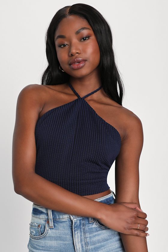 Navy Blue Halter Top - Sleeveless Halter Top - Tie-Back Crop Top