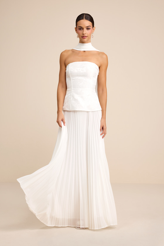 White Jacquard Gown - Drop Waist Gown - Bridal Gown & Scarf Set