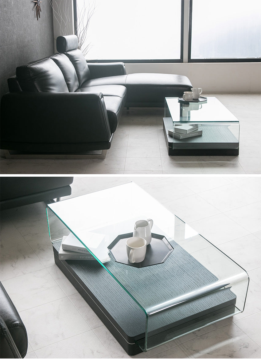 lushroom センターテーブル ガラス 長方形 ブラックオーク 突板 クリア