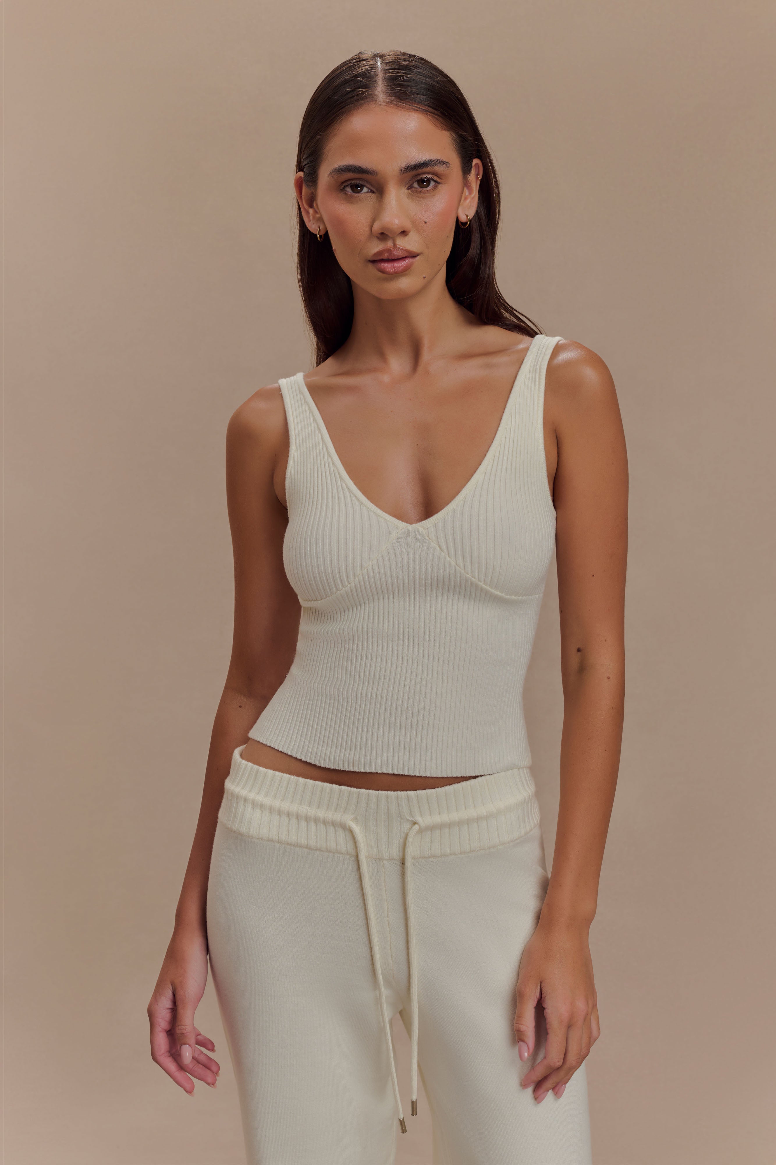 Natalya Ribbed Knit Cami Top - Ivory | MESHKI US