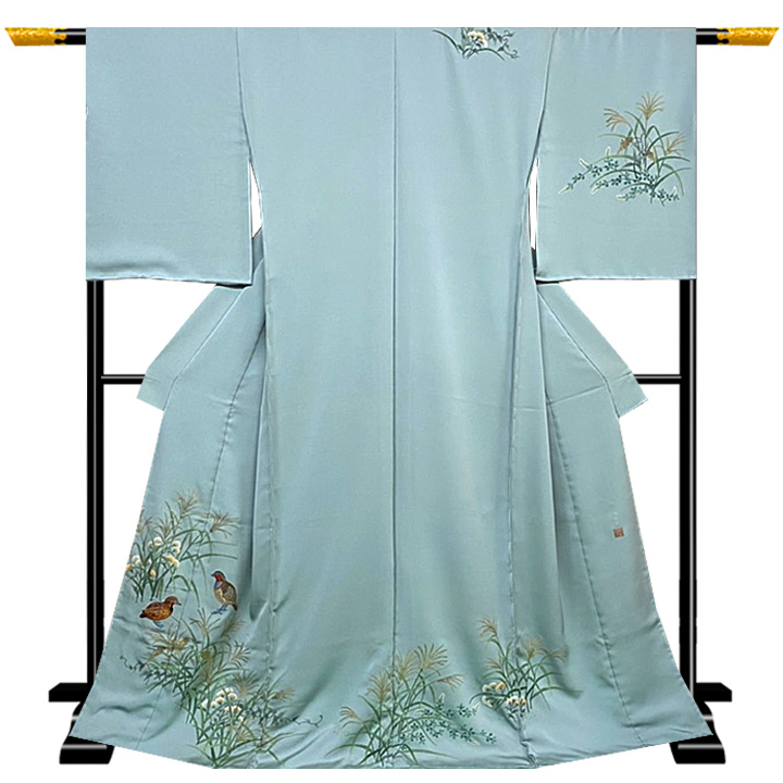 工芸美術大使 将雪英 相良手刺繍訪問着【水色 戯れる鳥】 [220721