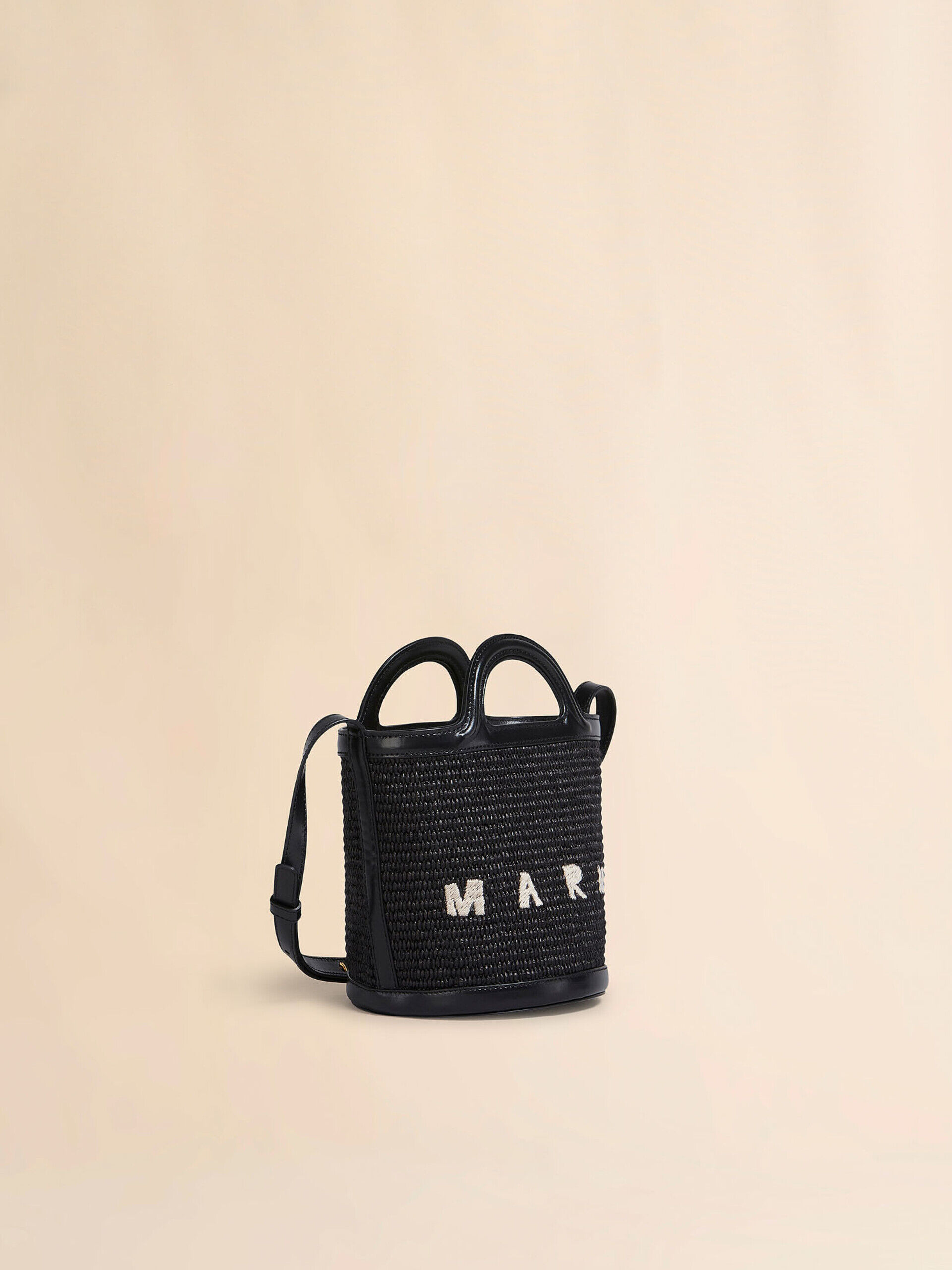 Tropicalia Small Bucket Bag in black leather and raffia-effect