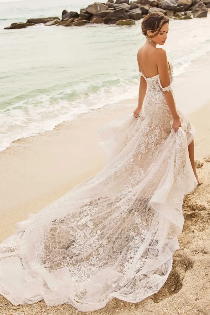 Gia: Off the Shoulder Lace Fit and Flare Wedding Dress with 3D