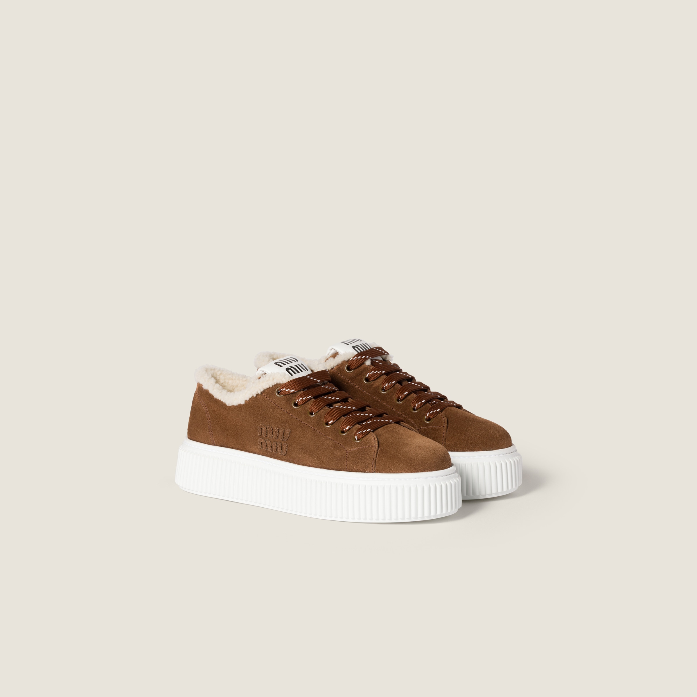 Cocoa Brown Suede And Shearling Sneakers | Miu Miu