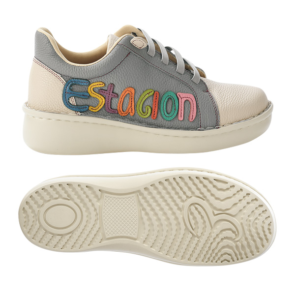エスタシオン 牛革ロゴパッチワーク ゴム紐ウォーキングシューズ