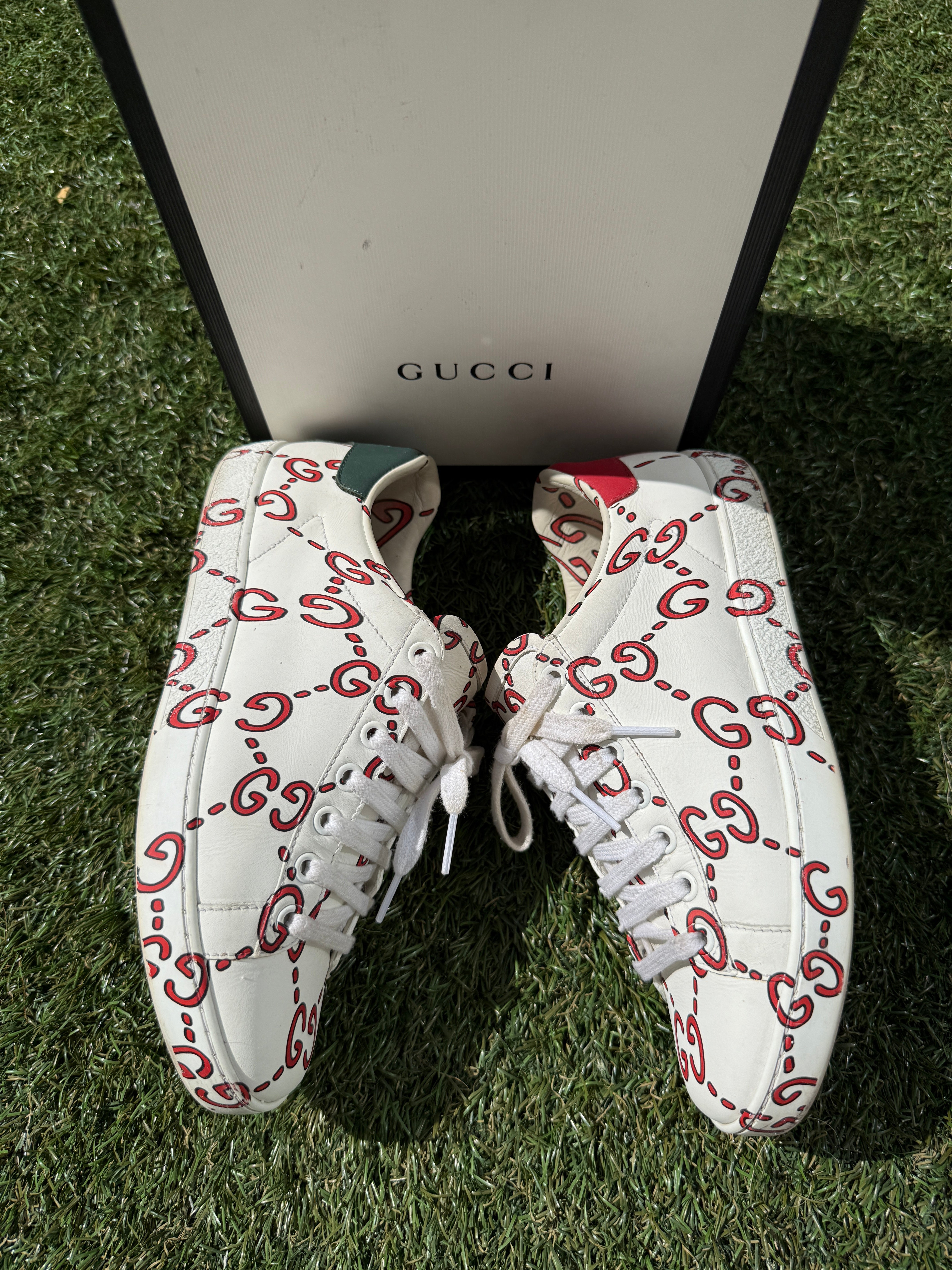 Gucci Ace Ghost GG Print Logo Monogram Red White Green Sneakers