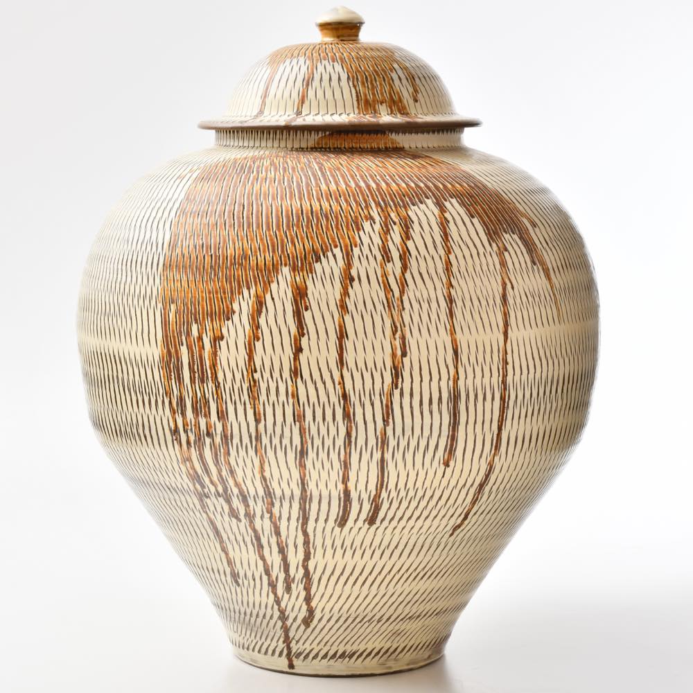 小代焼ふもと窯 井上泰秋作！壺蓋付き飛び鉋【民藝ビンテージ】小鹿田