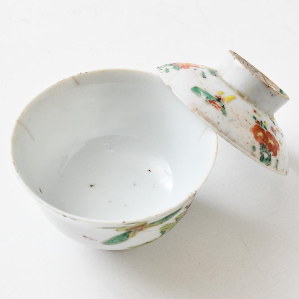 幕末〜明治時代 染錦かぶ文様蓋物 五客 蝶 可愛らしい器 料理屋 幕末