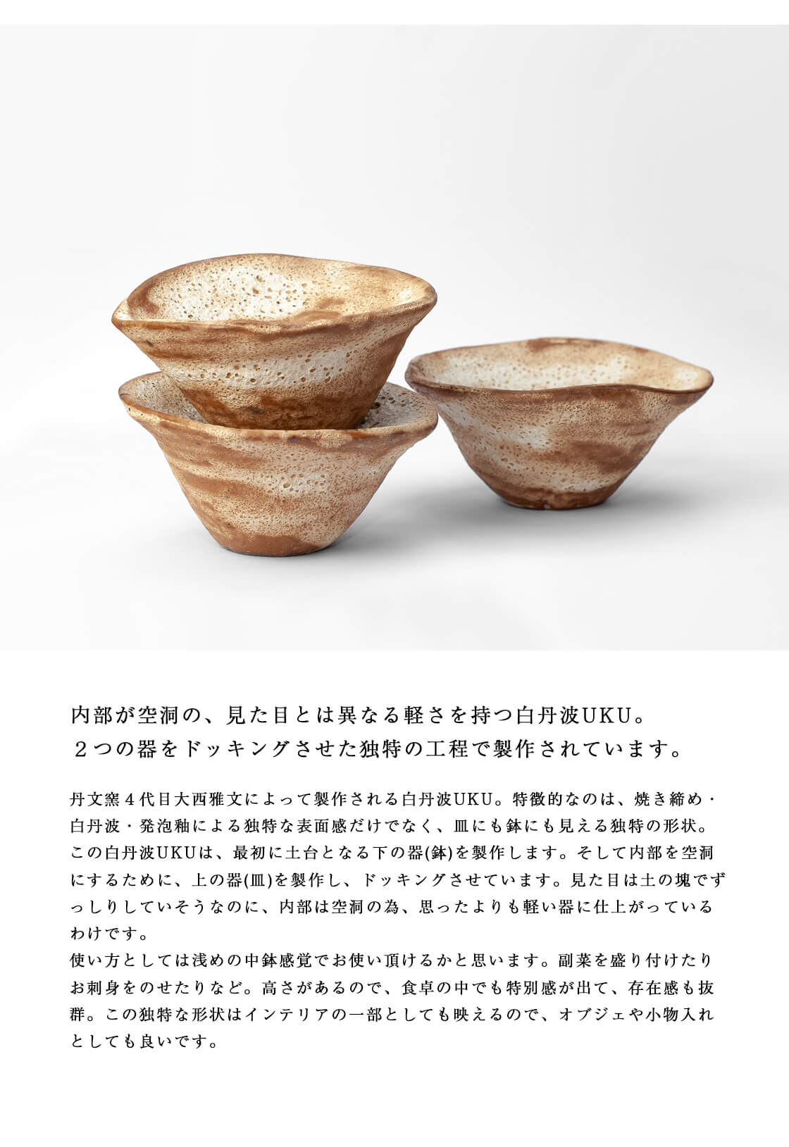 丹波焼 丹波立杭焼 丹文窯 大西雅文 焼き締め 白丹波UKU 中鉢 中皿